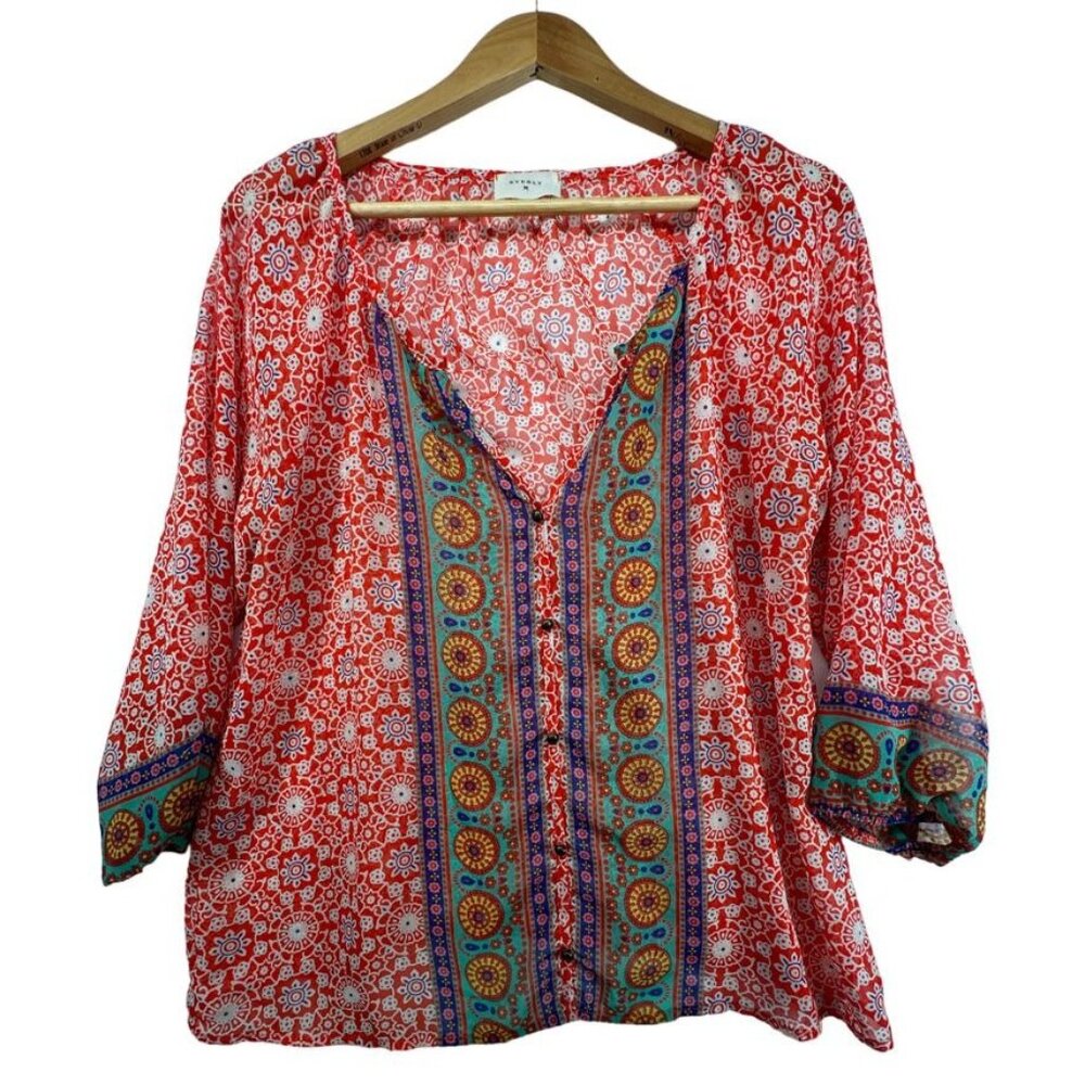 Everly Womens Top Sz L Orange Sheer 3/4-Slv Boho CruiseWear ResortWear Lightwt